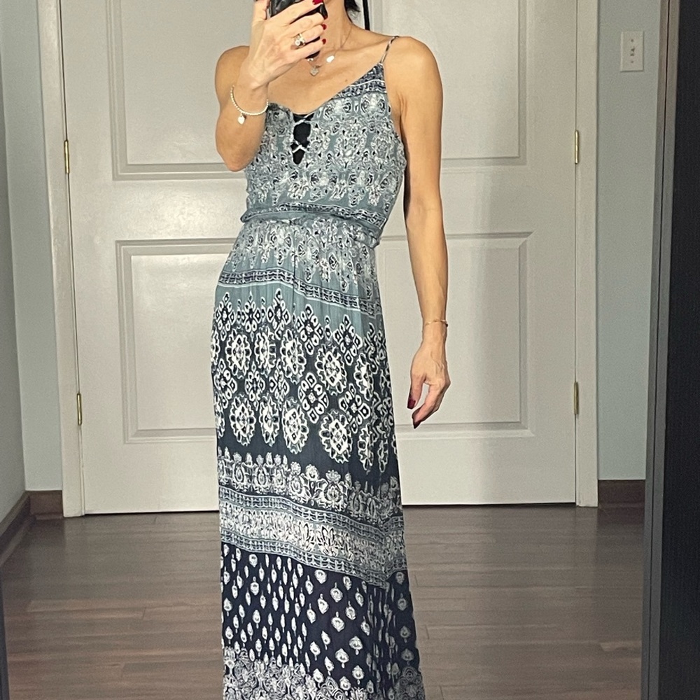 Aqua Blue Paisley Print Smocked Strap Maxi Dress size S - Picture 2 of 13